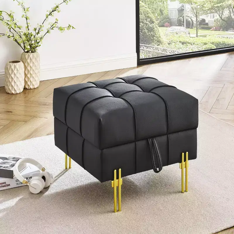 22 Inch Anti-Scratch Leather Storage Ottoman, Pet Friendly Entryway Bench with Golden Stainless Steel Legs, Black