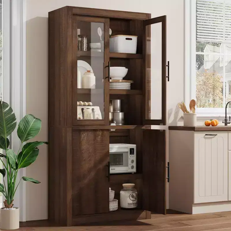 Tall Wooden Kitchen Pantry Cabinet, Farmhouse 4-Magnetic Door Freestanding Food Storage Cupboard Pantry Cabinet with Adjustable Shelves Large Storage