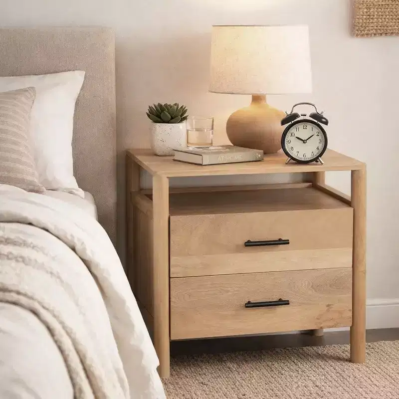 Royal Hampton Geti 29 Inch Bedside Nightstand Table, 2 Drawer, Open Shelf, Handcrafted Natural Oak White Mango Wood