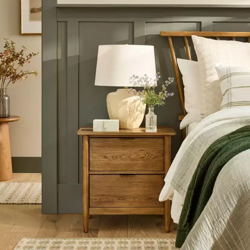 Wood and Cane 2-Drawer Nightstand, Aged Oak Finish