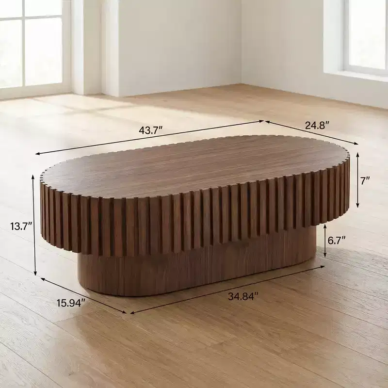 JVNOXK 43.70 Inch Modern Handcraft Drum Coffee Table Oval Coffee Table for Living Room,Small Wooden Coffee Table with Sturdy Pedestal for Office