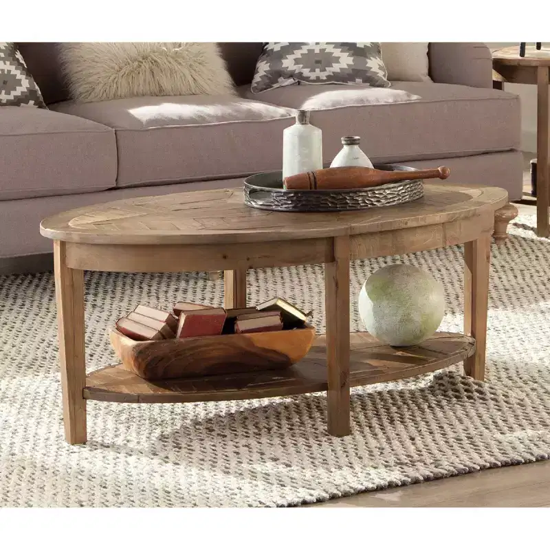 48-Inch Oval Coffee Table with Storage Shelf for Living Room Décor, Natural