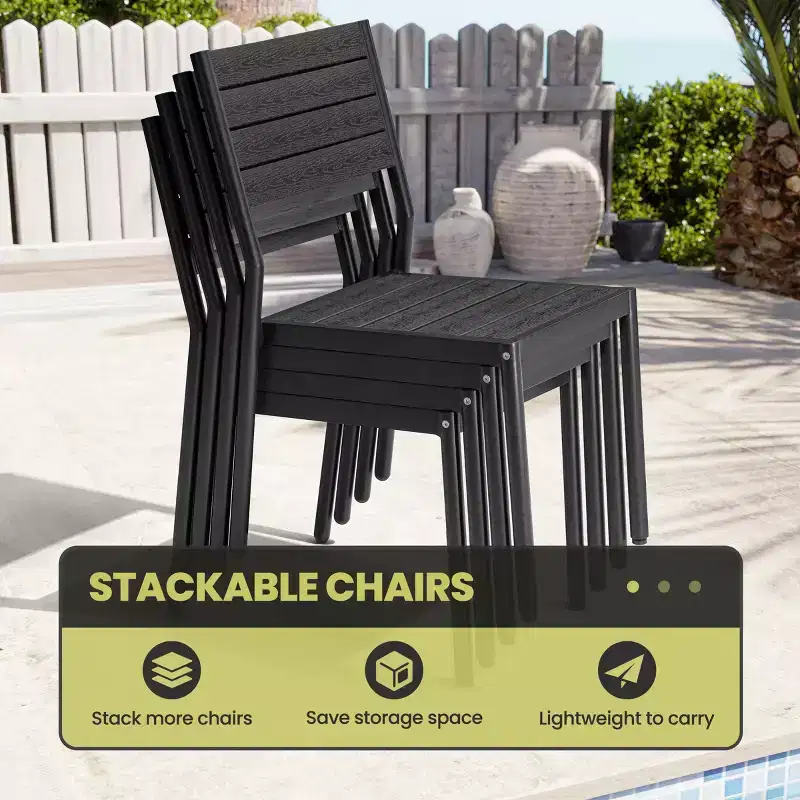 Crestlive Products 11PCS Large Gatherings Patio Dining Set Aluminum Frame Stackable Chairs Wood Like Table Umbrella Hole