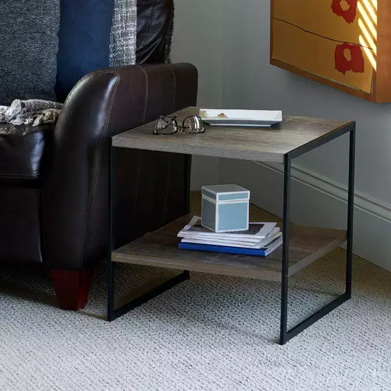 Square End Table, Black Iron Frame with Brown Top