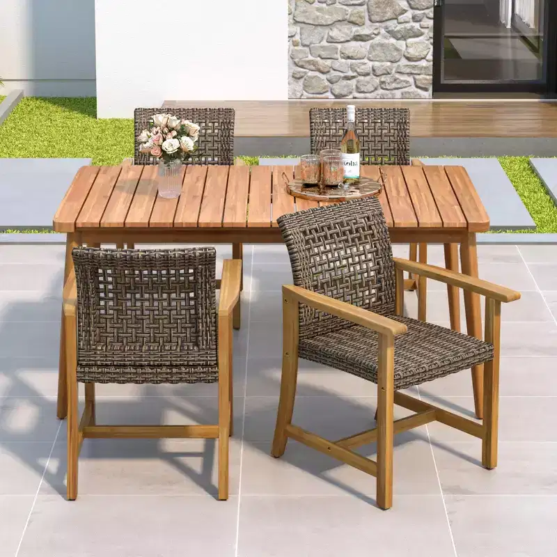 5-Piece Acacia Wood PE Rattan Patio Dining Set, Heavy-Duty 4-Seater Outdoor Patio Table Chair Set