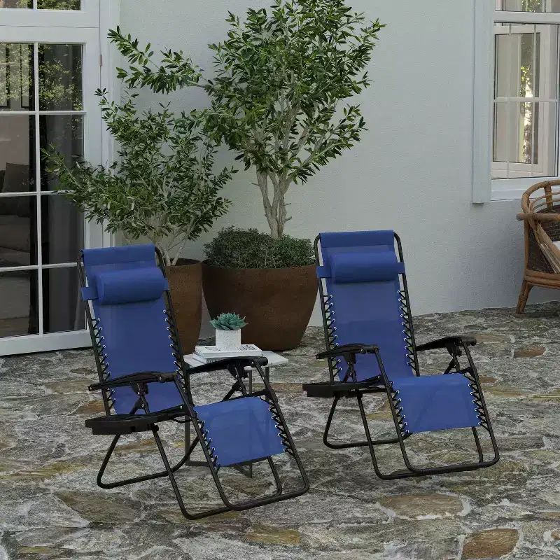 Merrick Lane Set of 2 Folding Mesh Upholstered Zero Gravity Chair with Removable Pillow and Cupholder Tray
