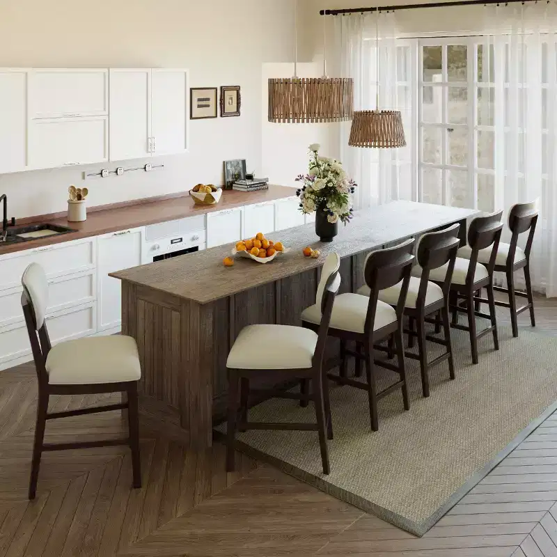 Solid Wood Farmhouse Upholstered Counter Height Bar Stools with Curved Back