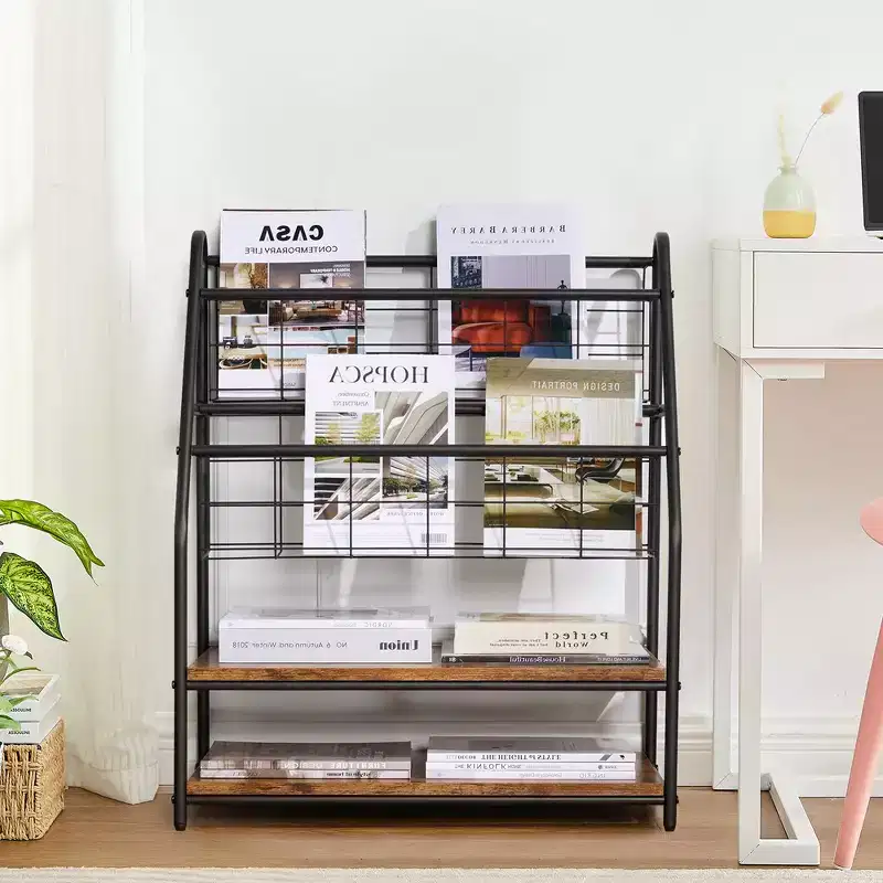 2-Tier Metal Frame Freestanding Bookshelf & Magazine Rack for Small Spaces