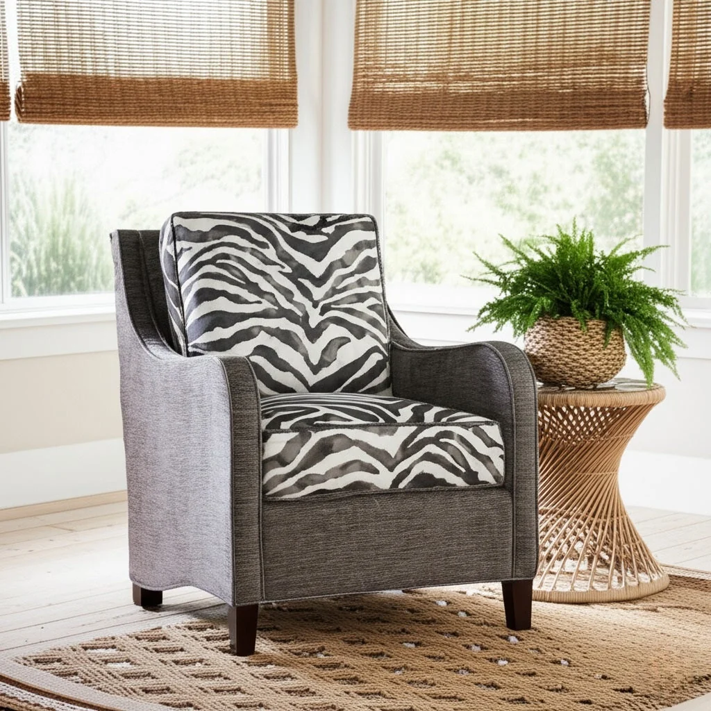 Accent Chair Zebra Print Two-Tone Upholstered Armchair with Tapered Wood Legs