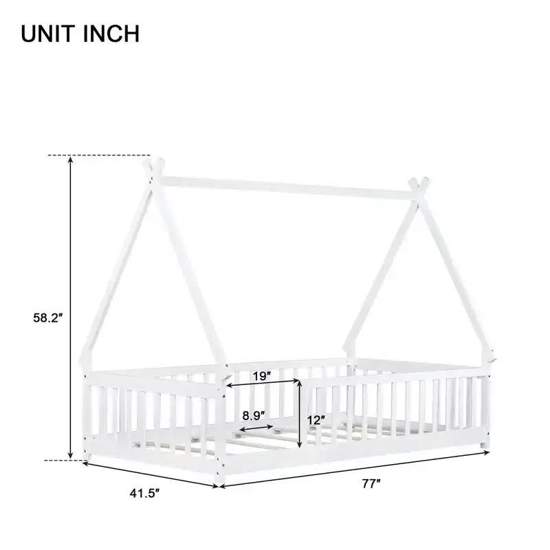 Luxystar Twin Size House Floor Flame Bed with Guardrails and Slats