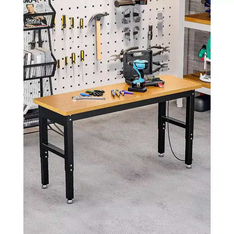 60 Adjustable Height Garage Workbench with Solid Wood Top, 2200 lbs Capacity, Power Outlets & Non-Slip Feet, Heavy Duty