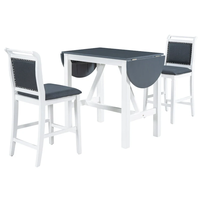 White 3-Piece Wooden Counter Height Dining Table Set with Drop Leaf Table & 2 Chairs