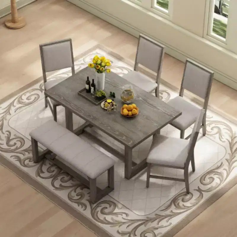 6-Piece Retro Dining Ensemble, Rectangular Table with Trestle Base and 4 Cushioned Chairs and 1 Bench, Perfect for Dining Rooms and Kitchens
