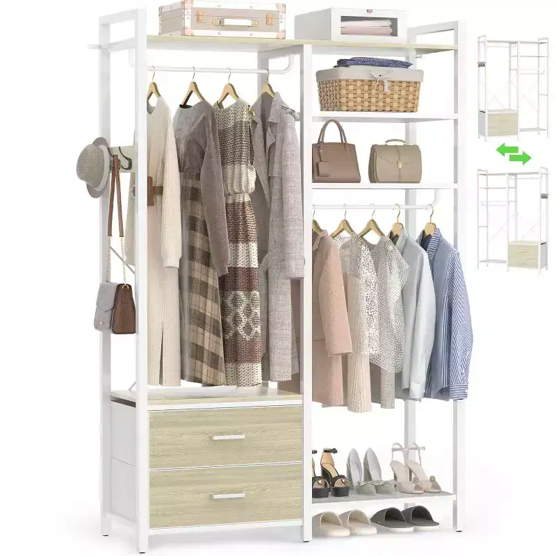 Besiost Clothes Rack with Fabric Drawers, Closet Organizer System with Hanging Rods