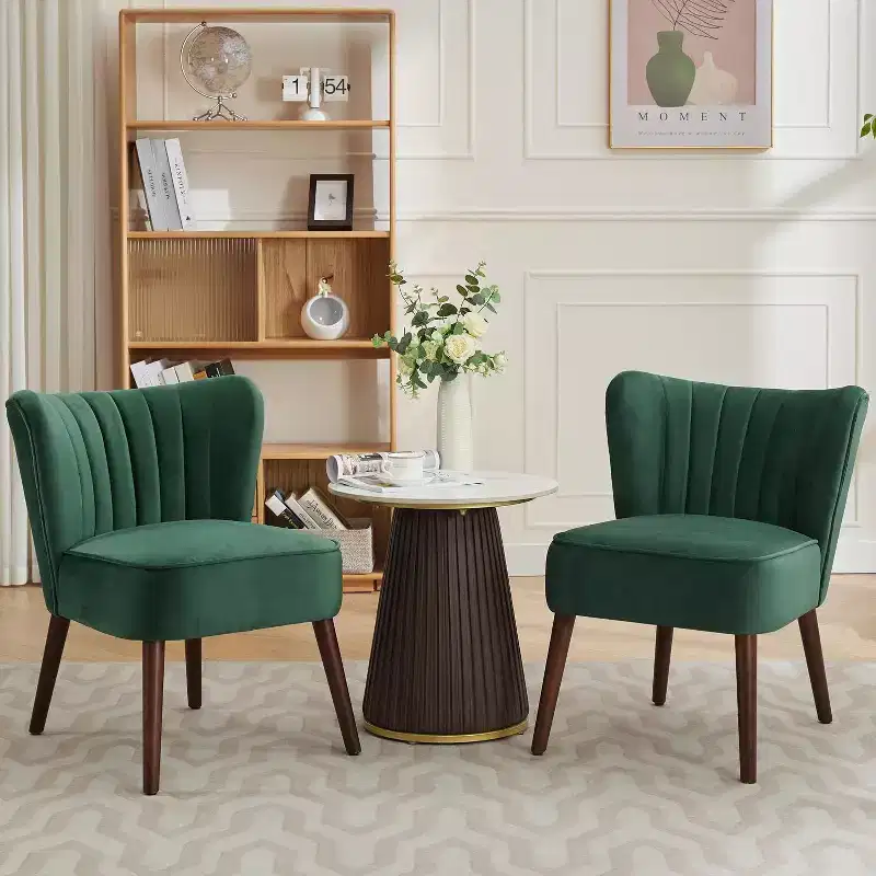 Modern Velvet Wingback Accent Chair with Wood Legs & Channel Tufting