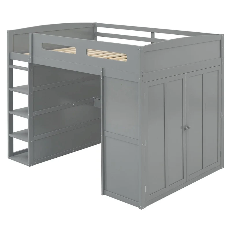 Loft Bed with Desk, Wardrobes, 4 Drawers and 4 Shelves