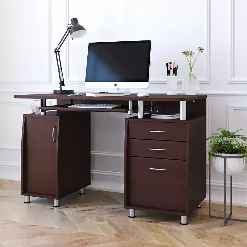 Okak 47.5IN Modern Home Office Desks, Computer Desk with 3 Drawers and 1 Cabinet Door, Writing Desk for Living Room, Study