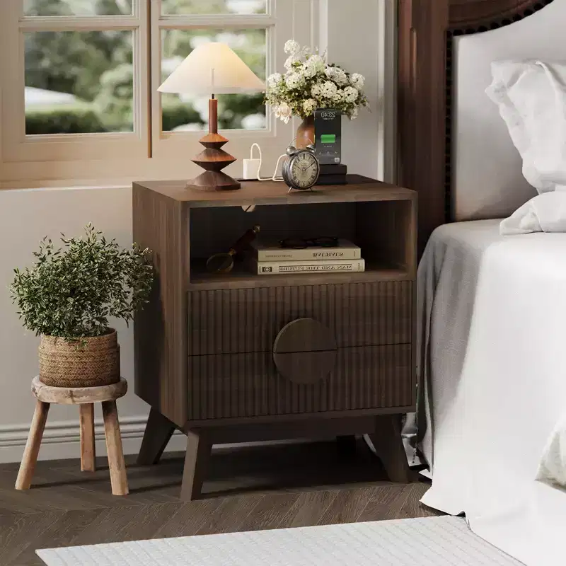 Fluted Nightstand, Tall Wood Bedside Table with Charging Station  USB Ports & Outlets, 2 Drawers & Open Shelf, Modern End Table for Bedroom