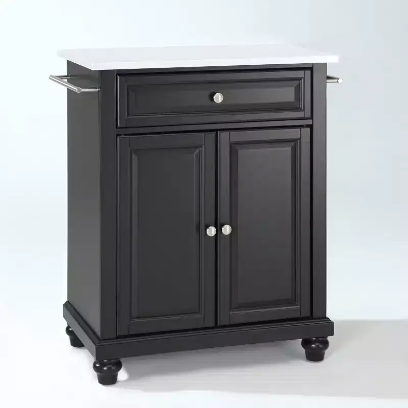 Cambridge Granite Top Compact Kitchen Island Cart Black/White - Crosley: Rubberwood Frame, Towel Bar, Storage Shelves