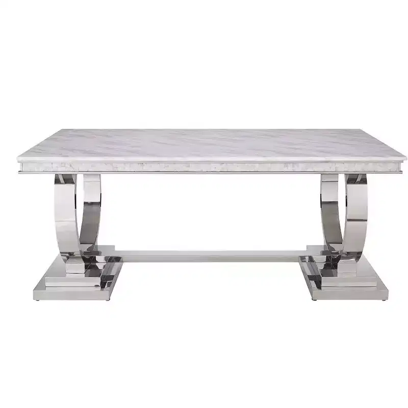 Faux Marble Top Rectangular Dining Table with Silver Pedestal Base, Seats 6, White
