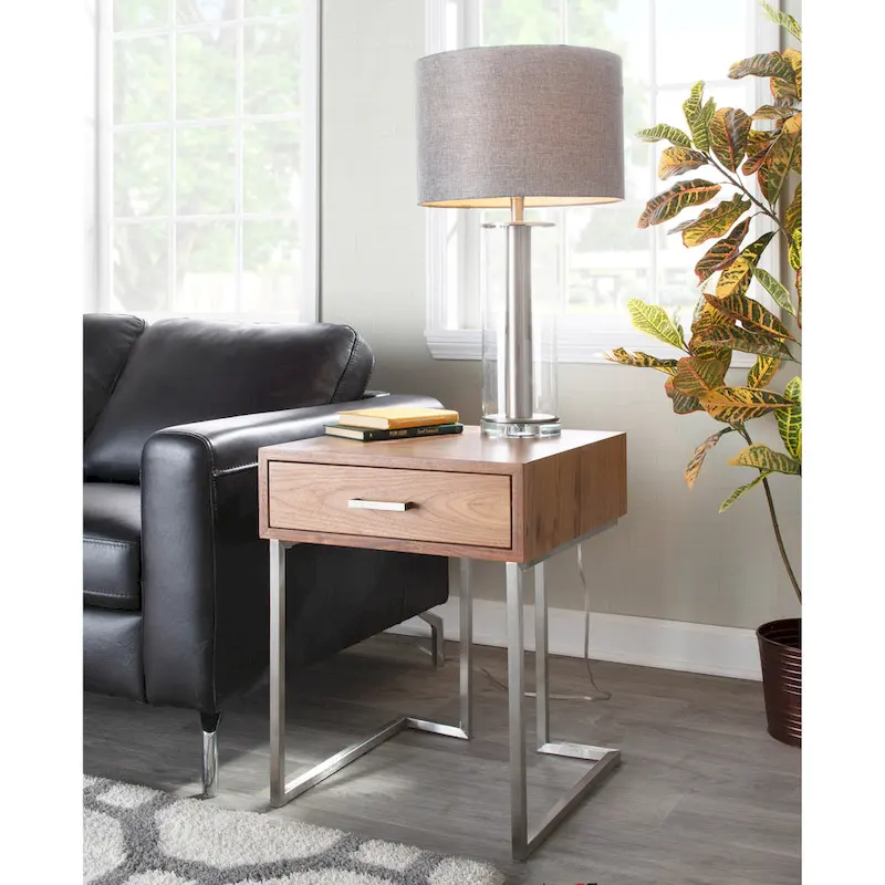 Roman Contemporary Walnut Wood and Stainless Steel End Table with Drawer