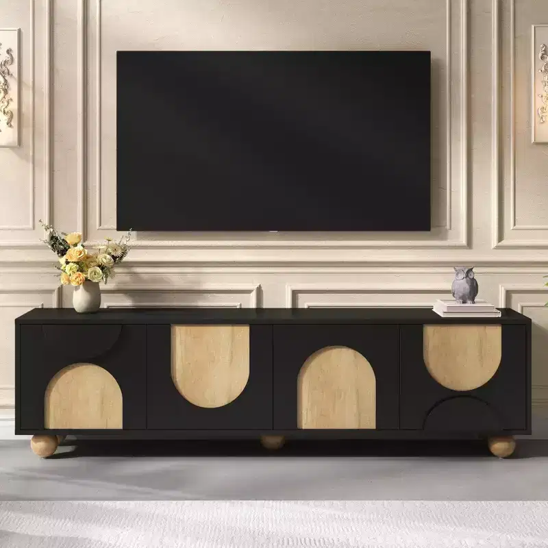 JVNOXK Farmhouse-Style Media Console with Cable Holes, Accommodates TVs Up to 75 Inches, Features Spring-Loaded Lift Mechanism, Black
