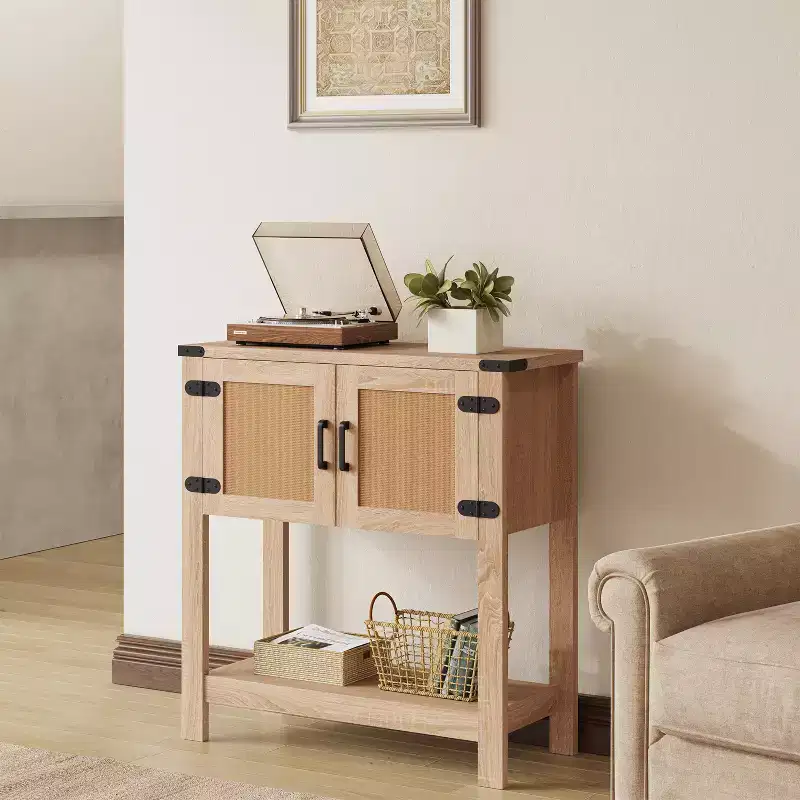 EROMMY Farmhouse Console Table with Rattan Doors, Entryway Table with Storage Cabinet, Entry Table with Large Storage Capacity for Kitchen, Hallway