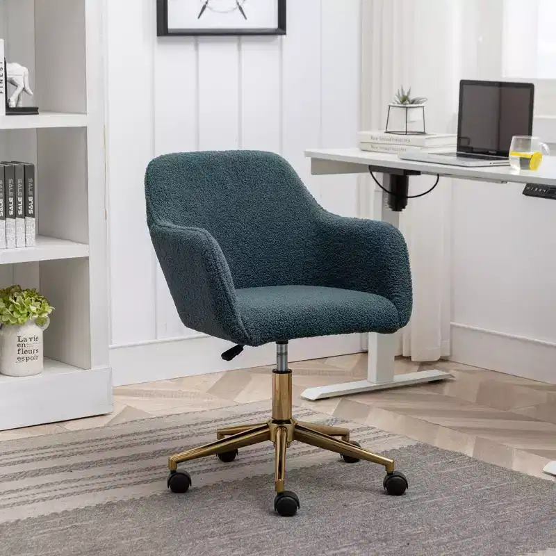 White Teddy Fabric Swivel Desk Chair with Gold Metal Base, 1-Person, Adjustable Height