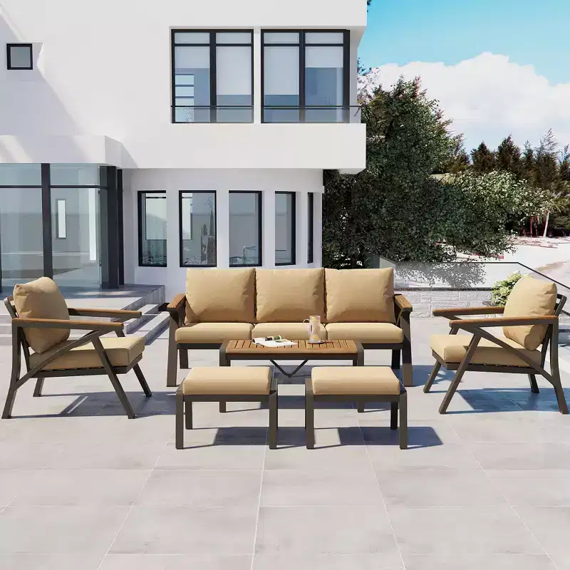 GDFStudio Carter Patio Modern 6-Piece Steel Frame Sofa Set with Acacia Wood Coffee Table, Cushioned Seating