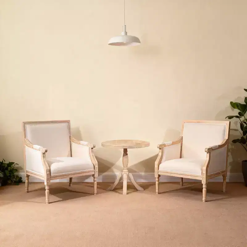 French Accent Chair, Traditional Wood Frame, Linen Upholstery, Distressed Finish, Single