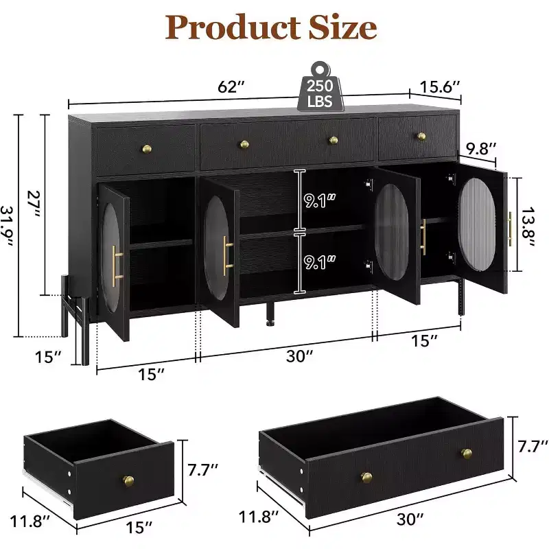 Buffet Cabinet with Storage, Wooden Buffet Cabinet with 3 Drawers & 4 Glass Doors, Coffee Bar Cabinet Buffet Table for Dinning Room, Kitchen