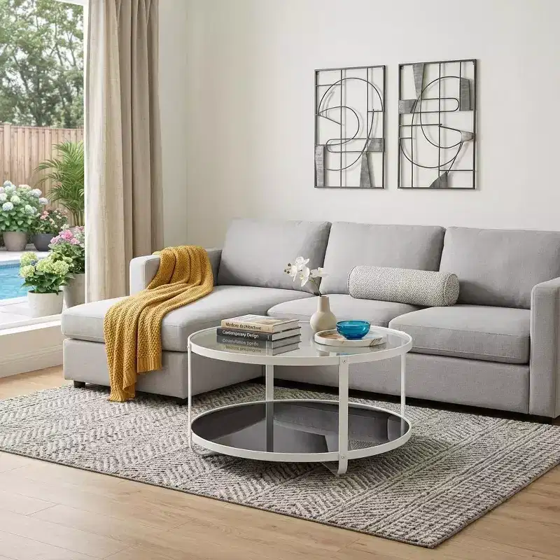 HomeRoots 32 White Glass And Metal Two Tier Round Coffee Table