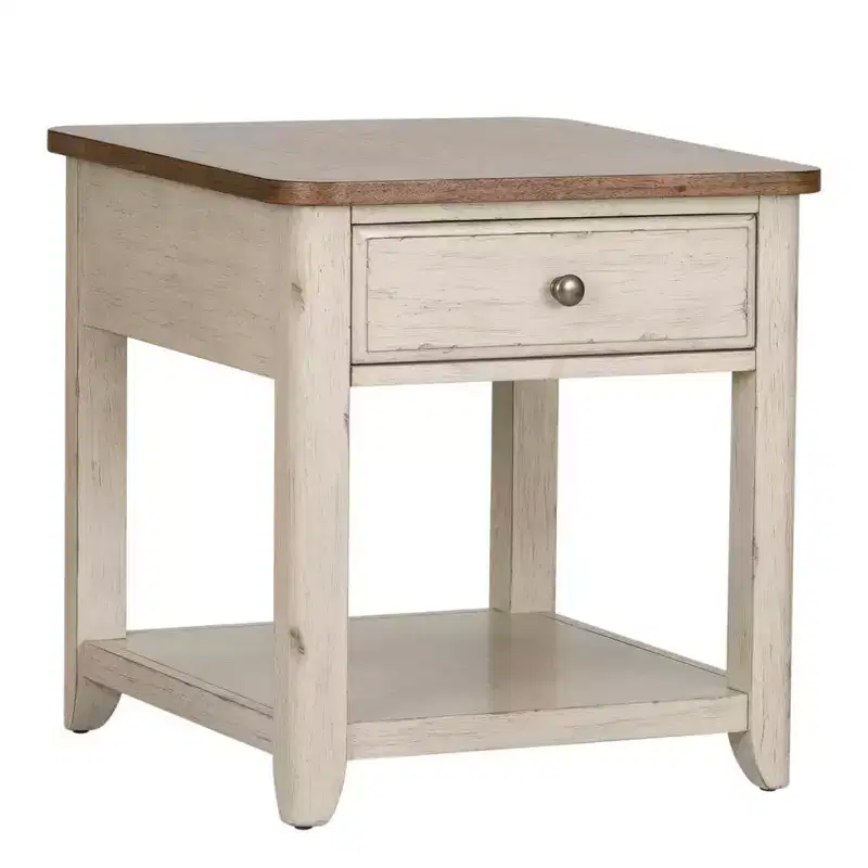 Farmhouse End Table with Basket in Antique White with Chestnut Top