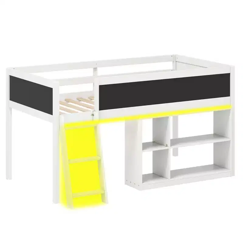 Costway Kids Loft Bed w/LED Lights Chalkboard & Removable Bookcase Safety Guardrail