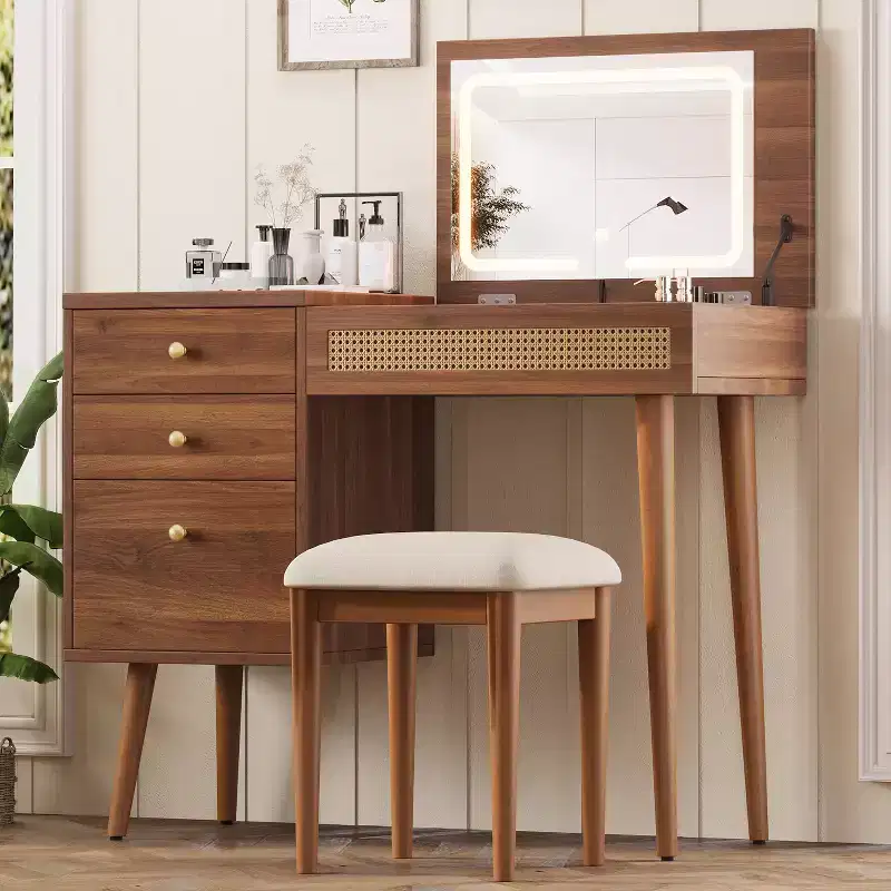 Makeup Vanity Desk Vanity Table Bohemian Dressing Table with Cushioned Stool, 3 Color Lighted Mirror & Flip-Top Tabletop, Walnut