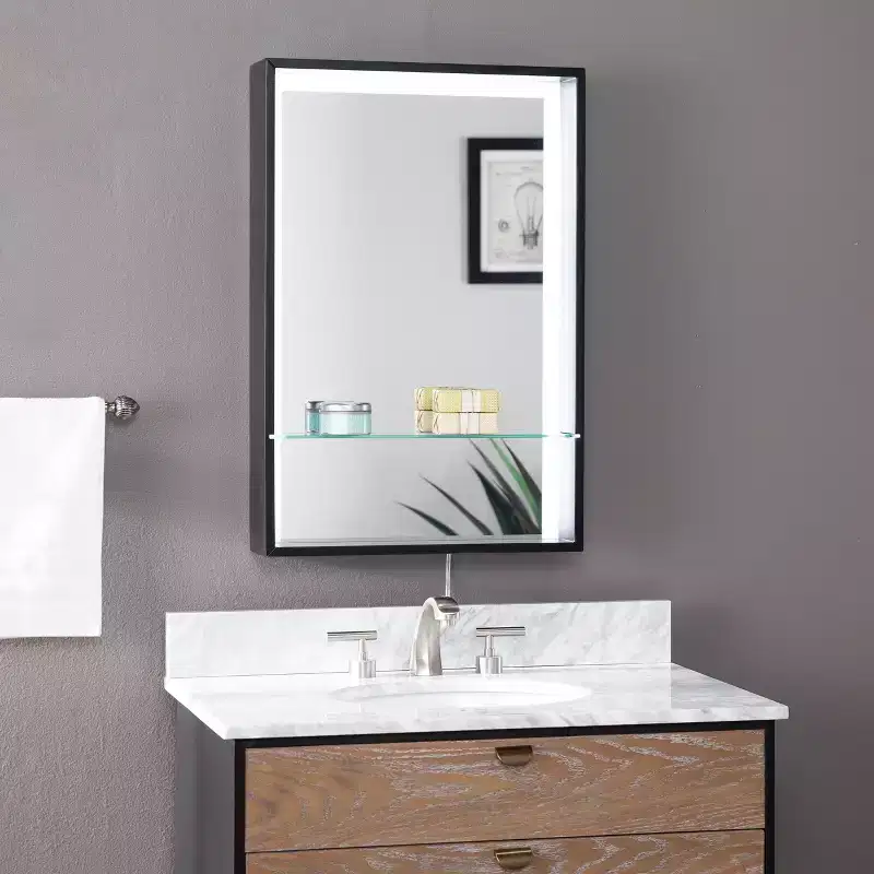 Lighted Wall Mirror with Shelf - Black