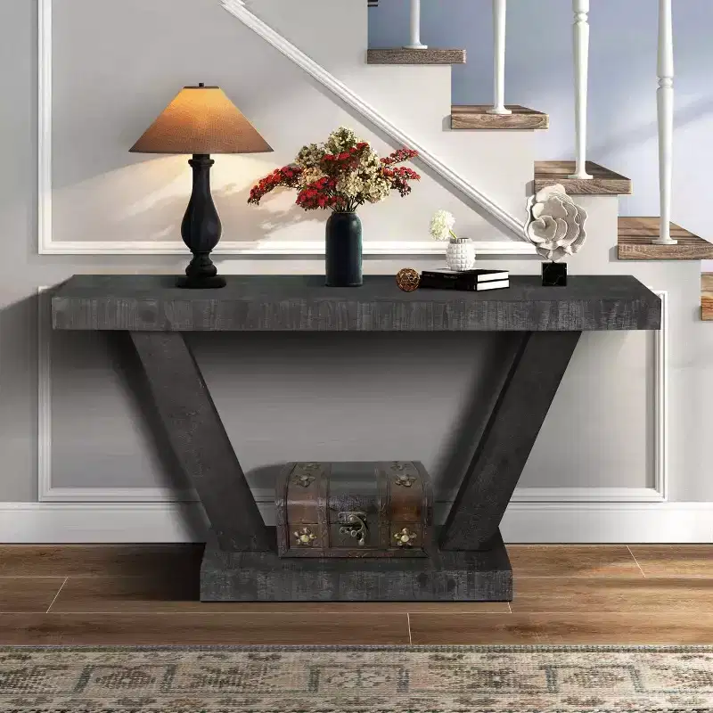 60 Rustic Entryway Console Table with Distressed Wood Top, Wide V-Leg Base for Hallway