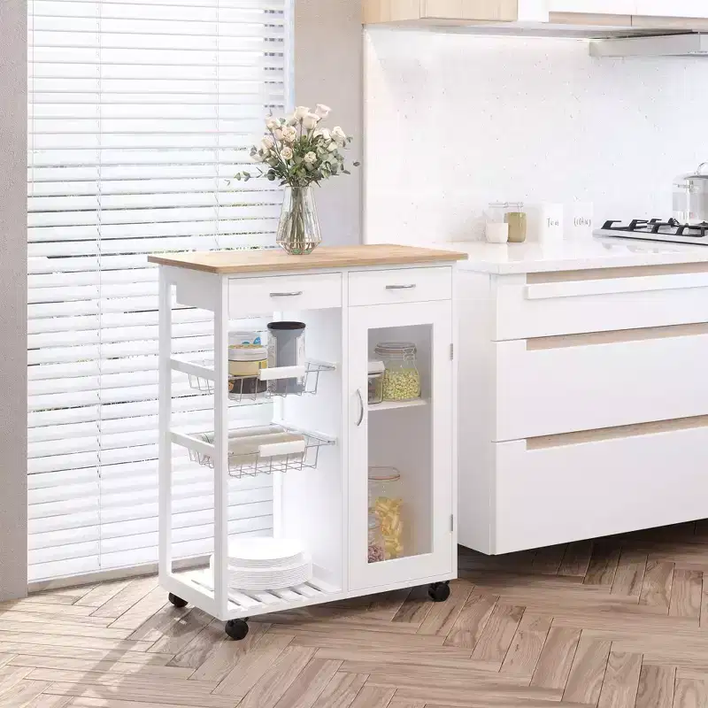 HOMCOM 28 Rolling Kitchen Trolley Serving Cart Storage Cabinet Bamboo Top with Wire Basket & Door Cabinet & Drawers, White