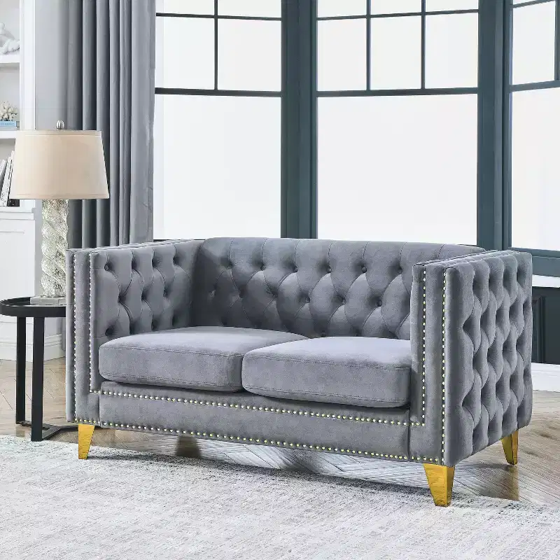 Button-Tufted Velvet 2-Seater Sofa with Square Arms & Metal Legs, Nailhead Trim