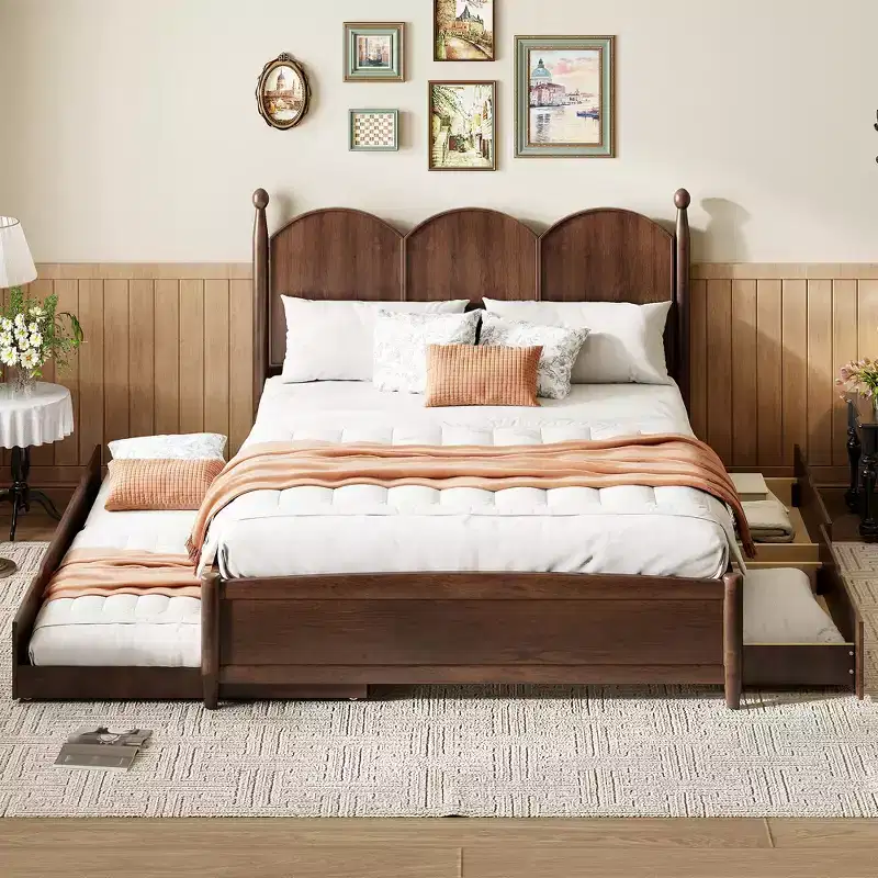 Queen Platform Bed with 2 Drawers & Twin XL Trundle – MDF & Pine, 750 lb Capacity, Curved Headboard