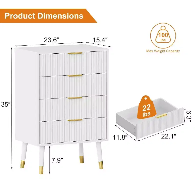 4-Drawer Dresser with Gold Metal Handles, Fluted Chest of Drawers for Bedroom, Living Room and Entryway