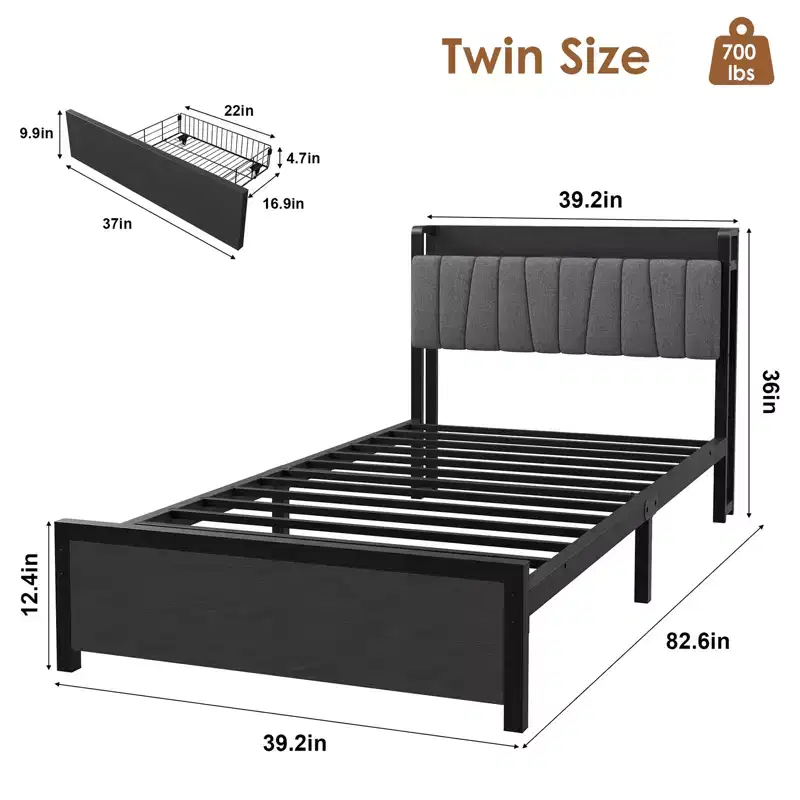 Twin Size Bed Frame with Storage Headboard, Black Twin Platform Bed with Large Drawer and Charging Station, Industrial No Box Spring Needed Bedframe