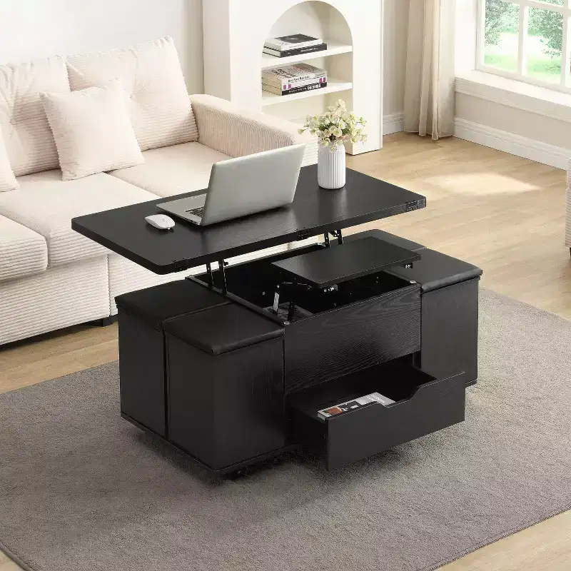 Okak Modern Functional Lift-Top Coffee Table with Hidden Storage & Stools,Fashionable Center Table Set for Living Room,Office