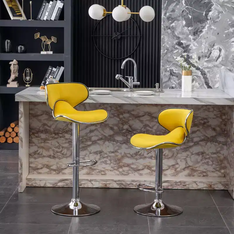 Velvet Upholstered Adjustable Swivel Barstool, Yellow