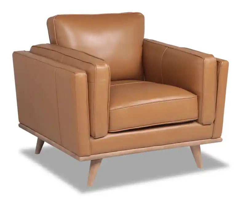 40 Genuine Leather Chair with Removable Seat Cushion and Wood Base - Caramel Brown