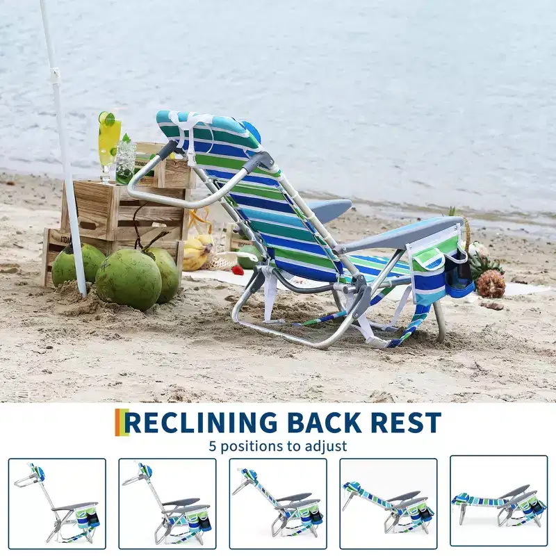 Folding Lightweight Backpack Beach Chair, Lay-Flat 5-Position Recline, 300LBS Load with Cup Holder, Phone Pocket & Towel Bar