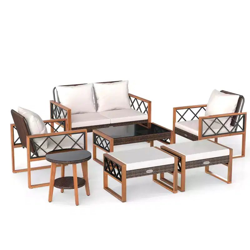 Costway 7 PCS Patio PE Wicker Furniture Set with Ottomans Cushions and Tables Chair Couch
