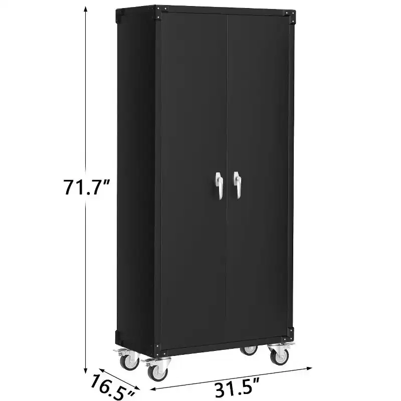 Heavy-Duty 72'' Metal Garage Storage Cabinet with Wheels - Locking Doors - 4 Adjustable Shelves - Pegboard Organizer - Mobile Tool Locker