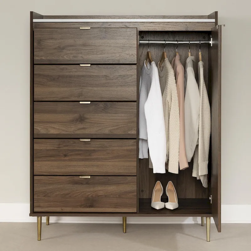 5-Drawer Door Chest Dresser with Clothes Rod, Glam Style with Brass Legs and Faux Marble Top