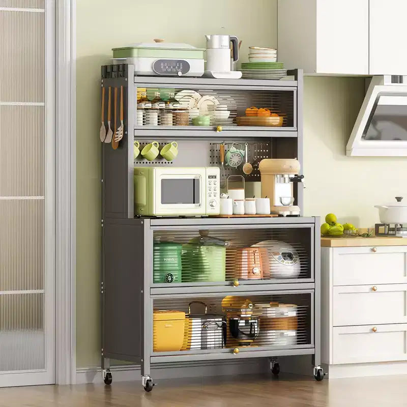 Gray Modern 5-Tier Metal Kitchen Storage Cabinet with Wheels & Flip Doors – 1 Person Assembly